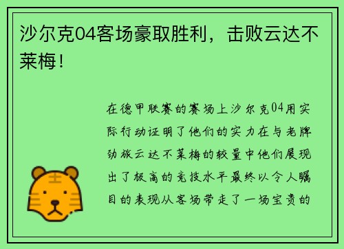 沙尔克04客场豪取胜利，击败云达不莱梅！