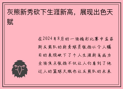 灰熊新秀砍下生涯新高，展现出色天赋