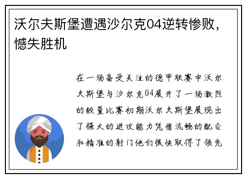 沃尔夫斯堡遭遇沙尔克04逆转惨败，憾失胜机