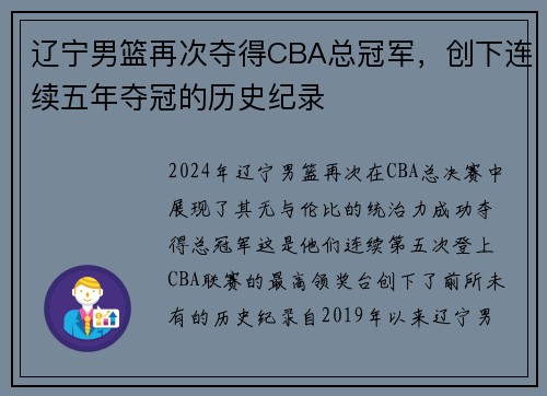 辽宁男篮再次夺得CBA总冠军，创下连续五年夺冠的历史纪录